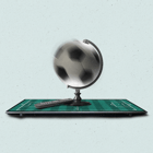 A globe with a spinning soccer ball sits on a TV with soccer field on screen
