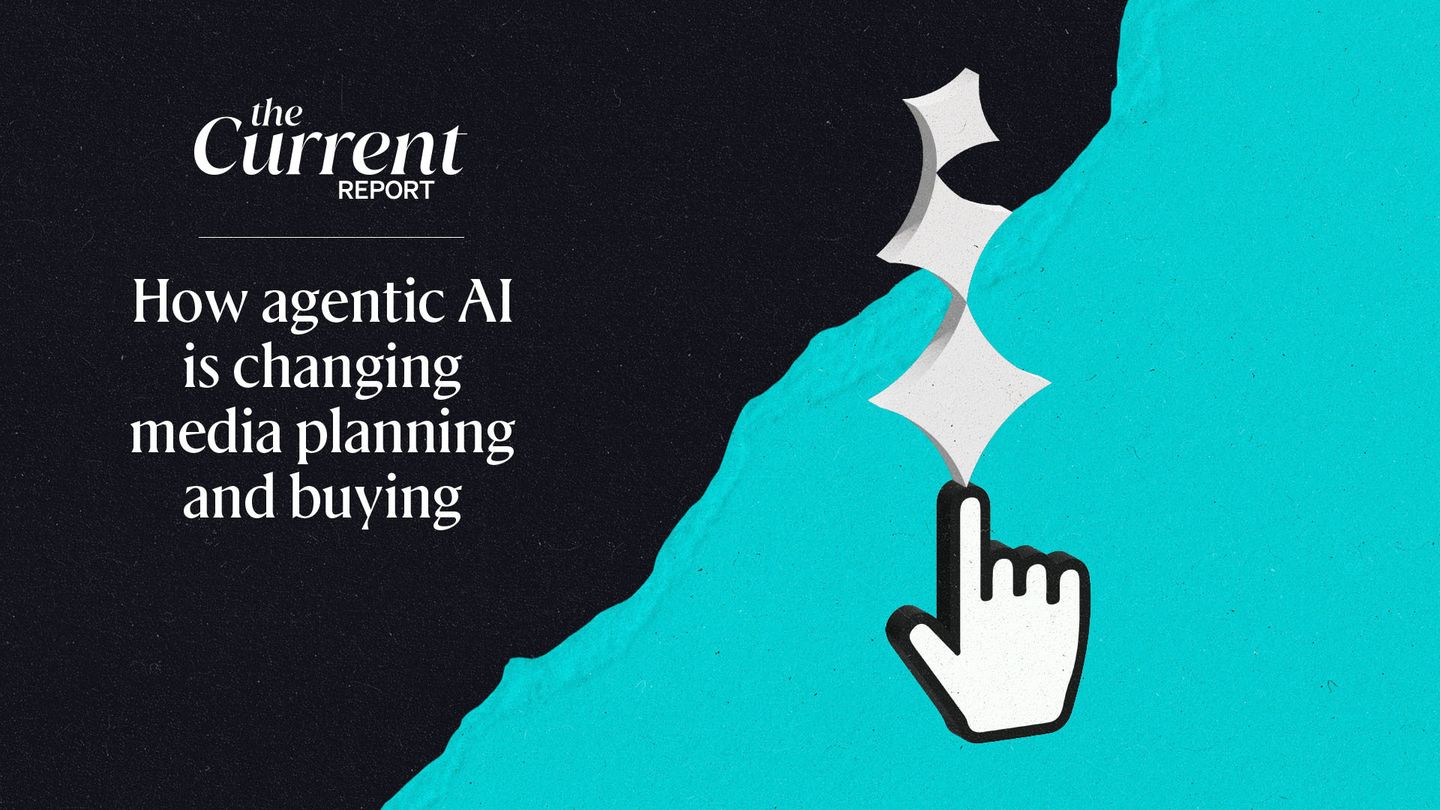 Image of the Current Reports with a hand cursor balancing a stack of AI stars on the tip titled 'How agentic AI is changing media planning and buying'