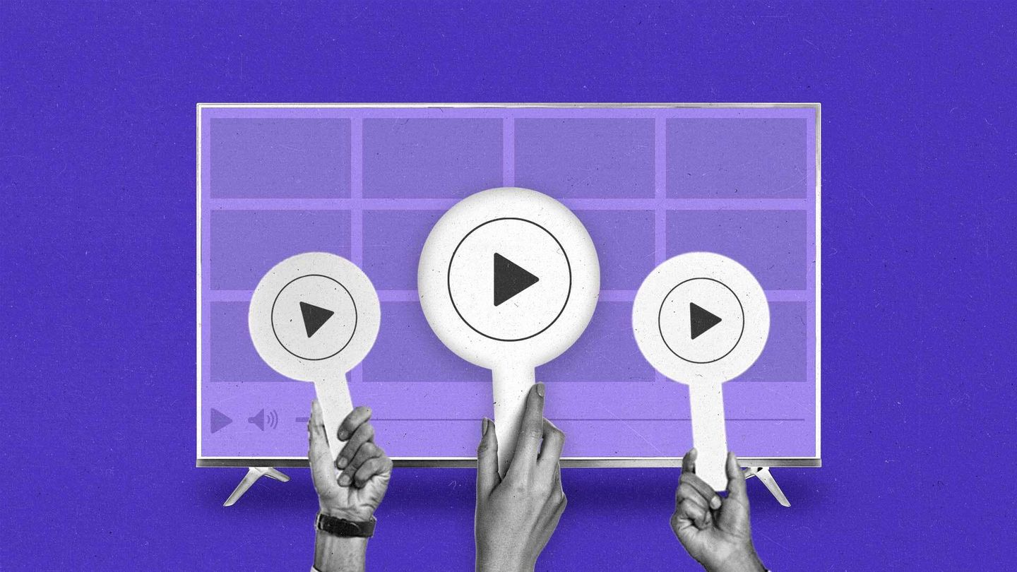 Three hands hold auction paddles with play buttons in front of a Connected TV.