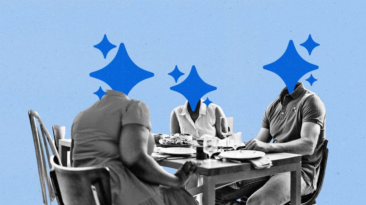 Three adults with AI sparkles for heads sit converse around a dinner table.