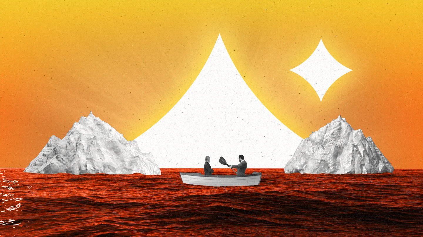 A row boat with people in suits navigating through peaking icebergs with one resembling a giant AI star