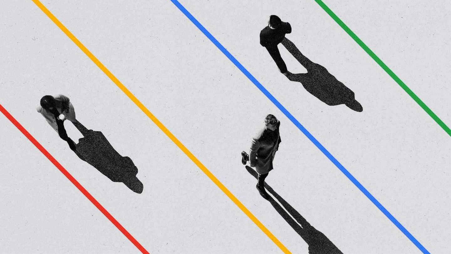 People walking with red, yellow, blue and green lines dividing their paths