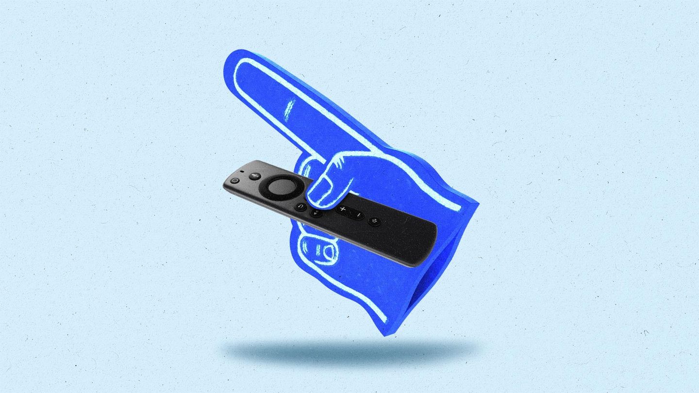 A foam finger holds a Connected TV remote.