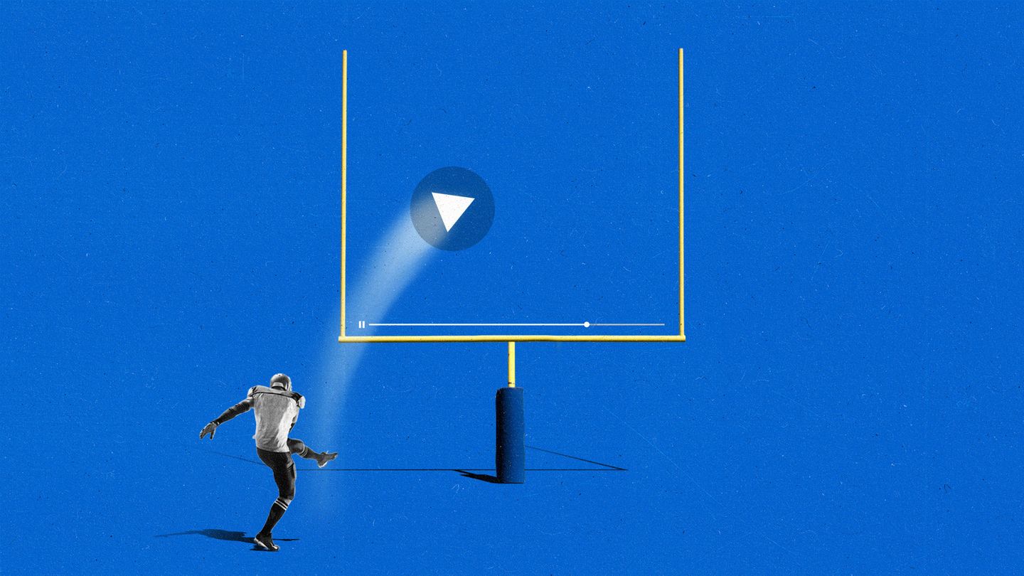 A football kicker kicks a video play button through yellow field goal posts against a blue background.