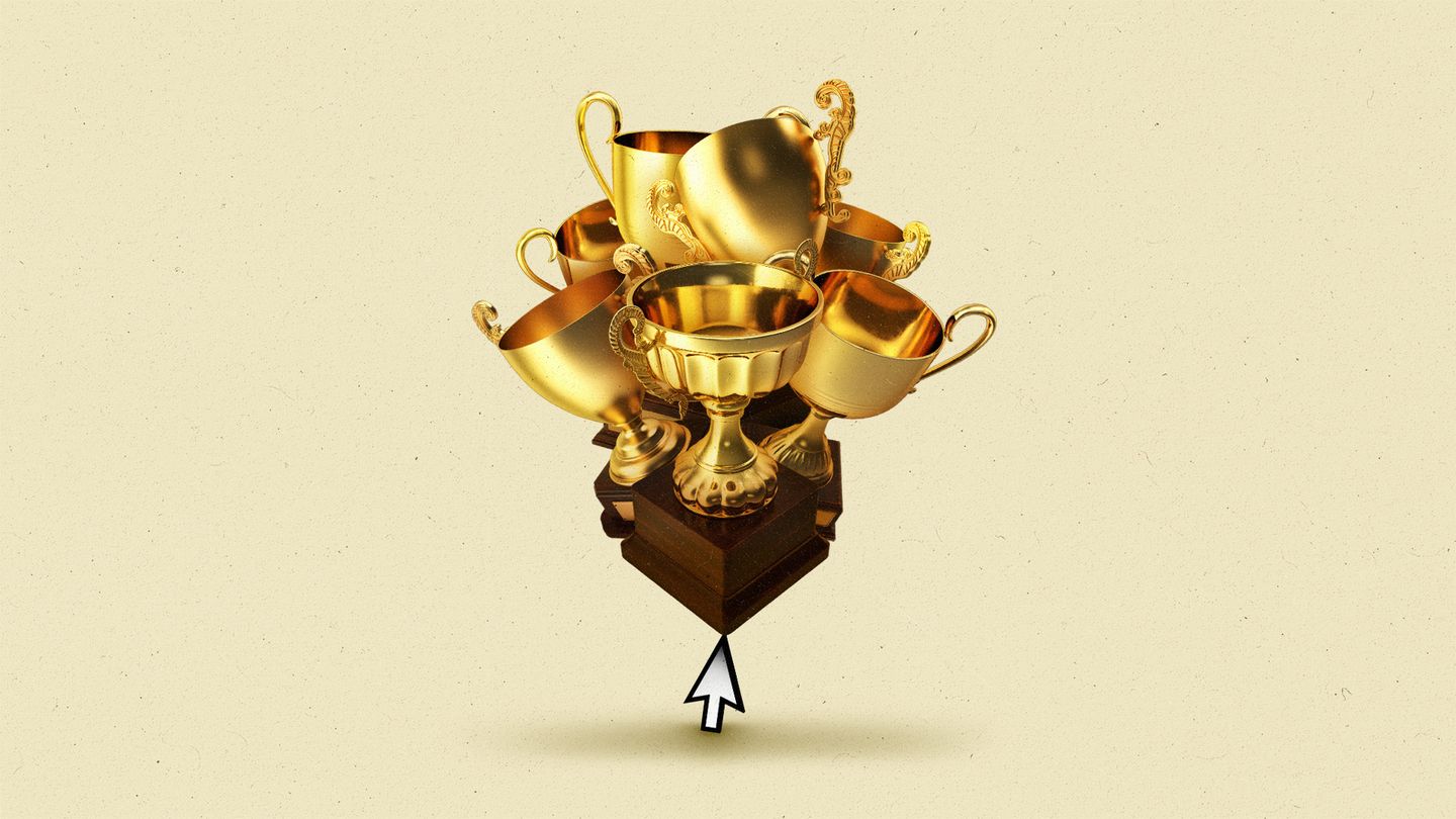 A small cursor holding up a pile of gold trophies.