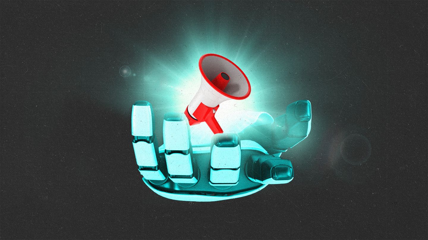 Robot hand holding a small, floating, glowing megaphone