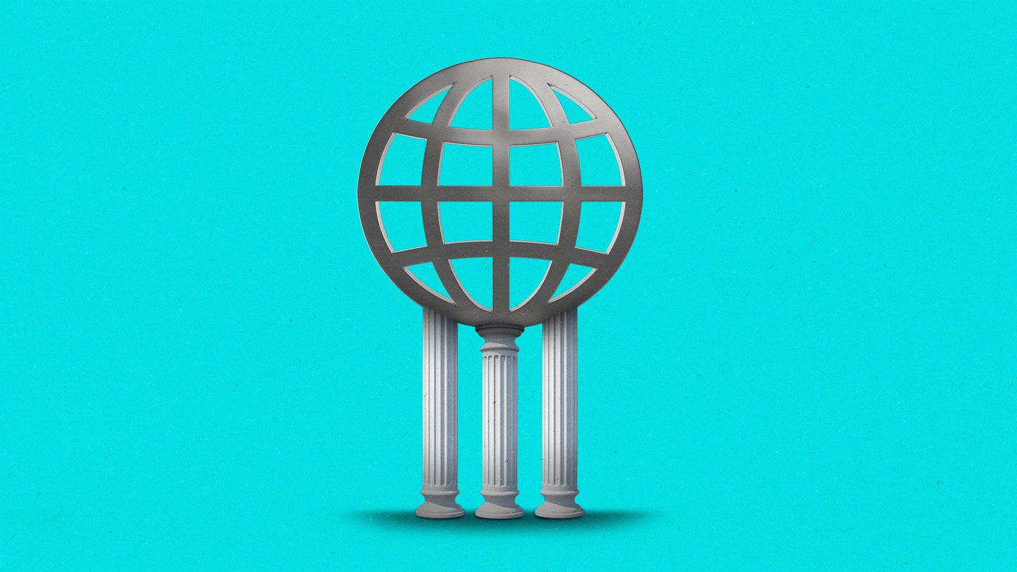 Three pillars holding up a large, 3 dimesional web icon.