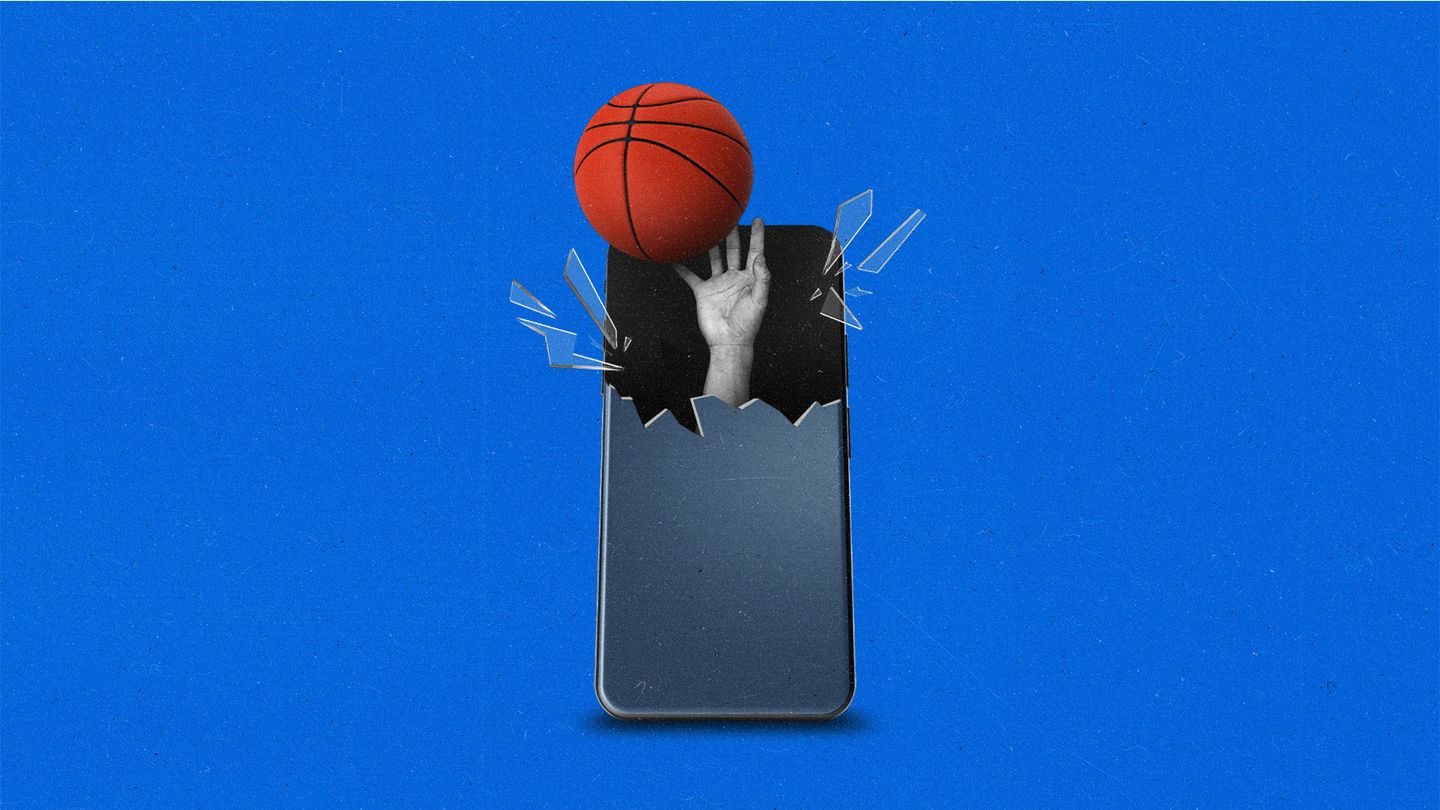 A hand shooting a basketball out of a phone, shattering the top of it.