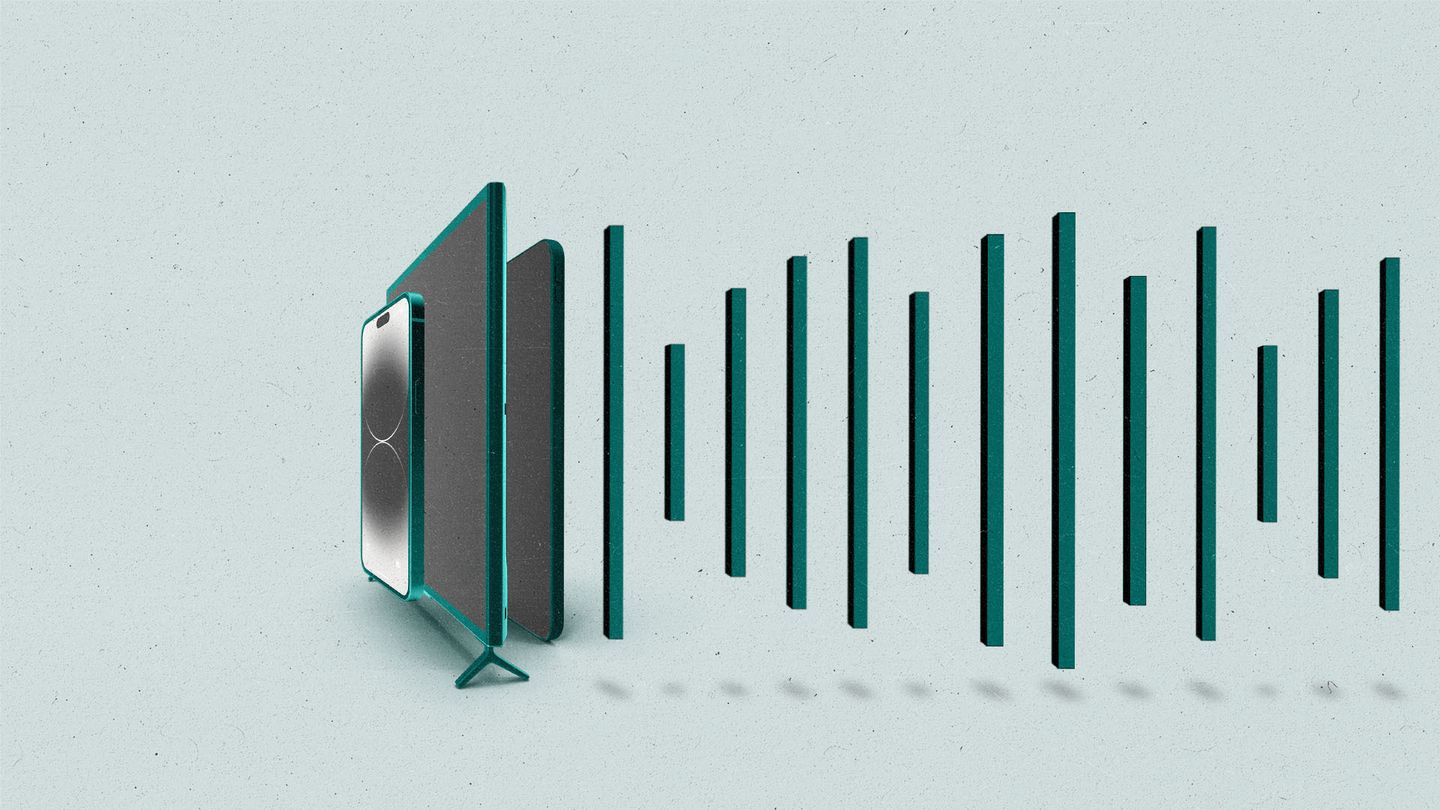 A cellphone, a TV, and a tablet are lined up continued by varying bars creating a sound wave.