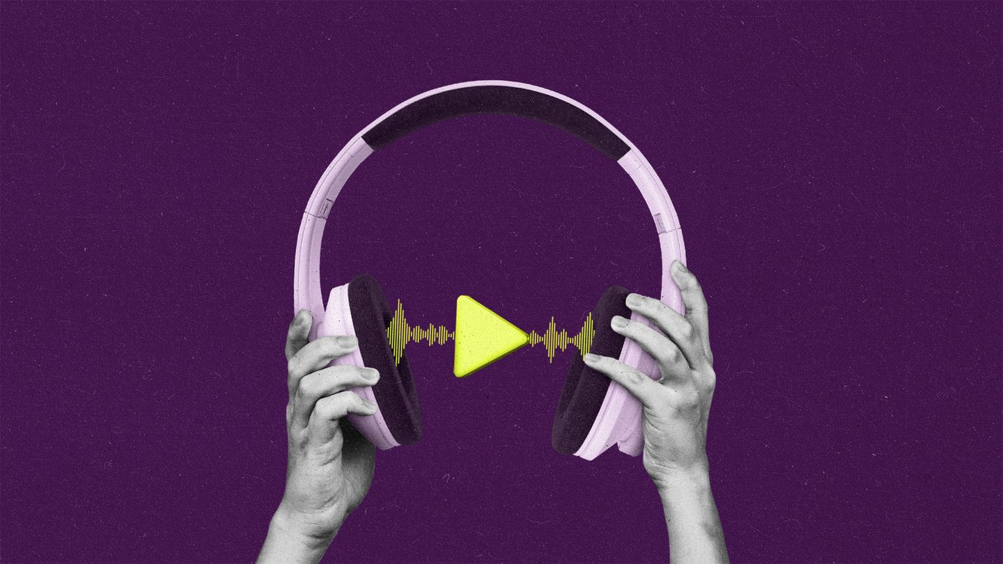 Hands holding over-ear headphones with a sound wave form and play button between the ears.