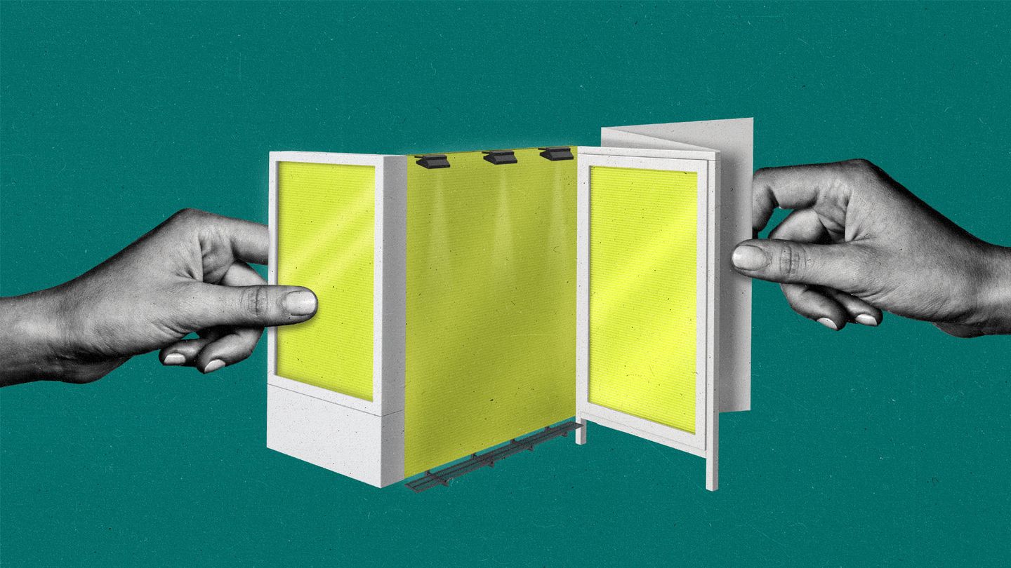 Hands pull open a brochure with it's pages resembling various digital out of home displays and billboard