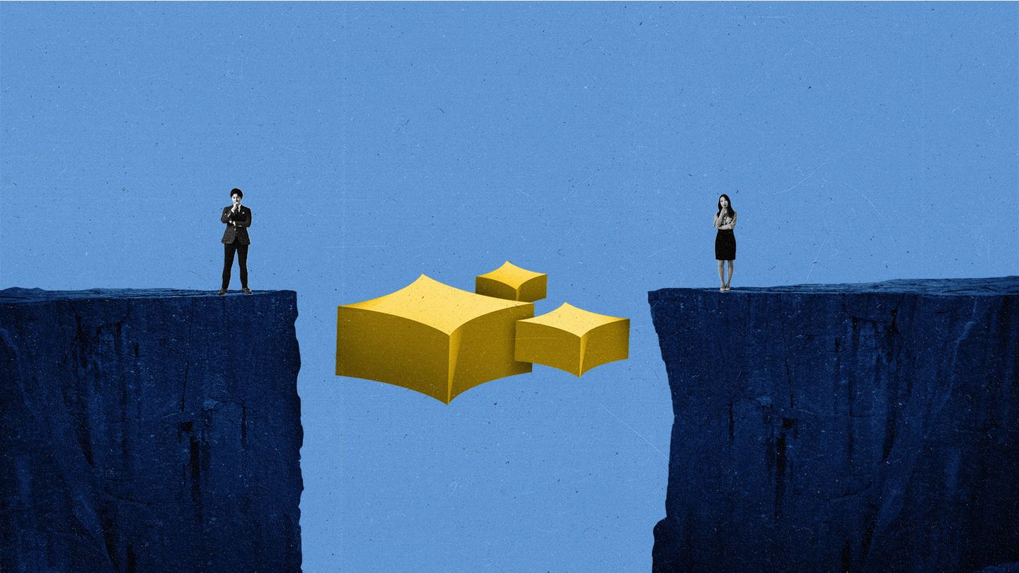 Two people stand on opposing cliffs with an AI sparkle in the middle.