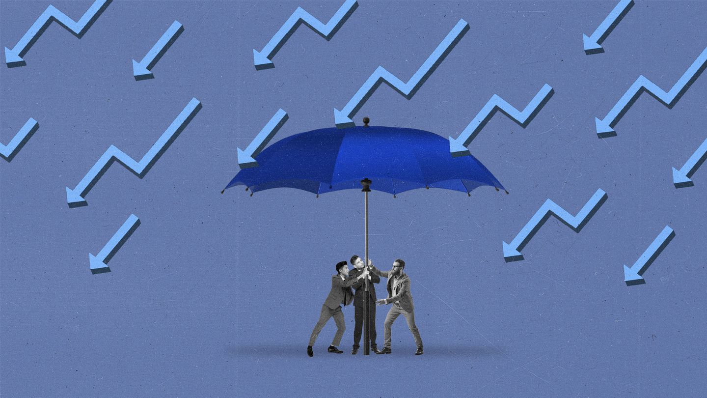 Group of people in suits hold a large umbrella up with light blue arrows raining down on them.