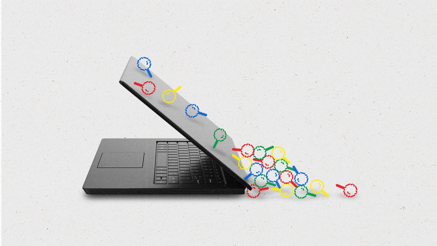 Pixelated magnifying glass icons in red, blue, yellow and green sliding down the back of a laptop, landing in a pile.