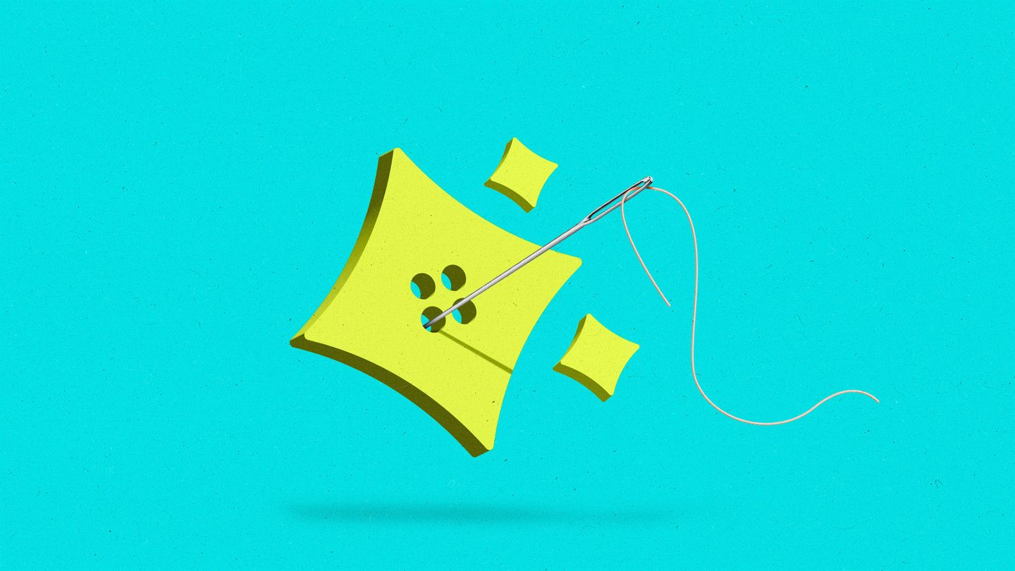 AI sparkle-shaped button with a needle and thread running through it.