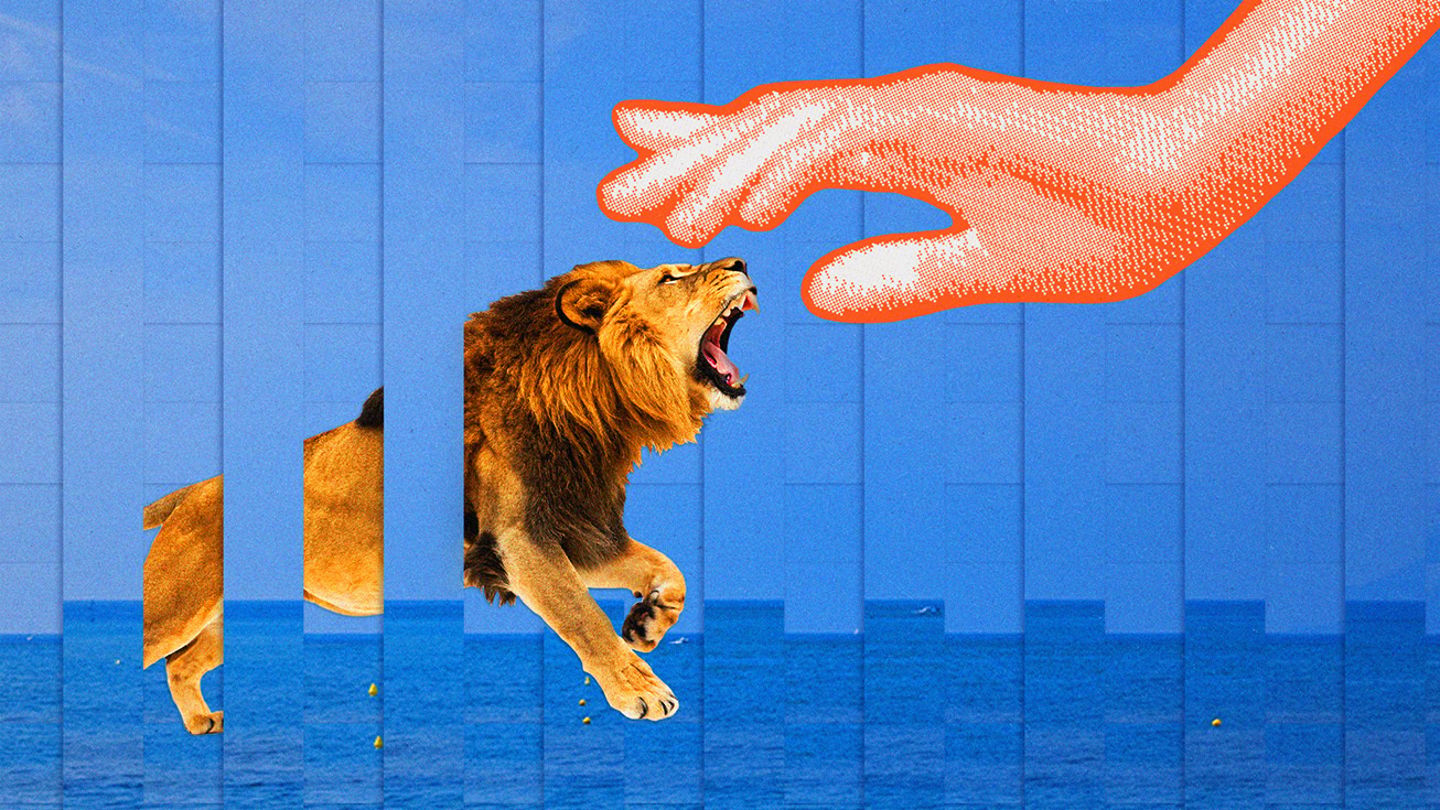 Bitmap hand reaching across woven collage ocean towards a roaring lion.