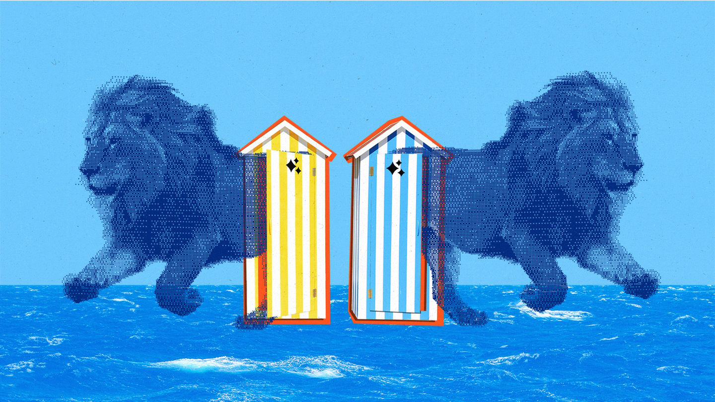 Two bitmap lions emerging from Cannes beach bungalows.