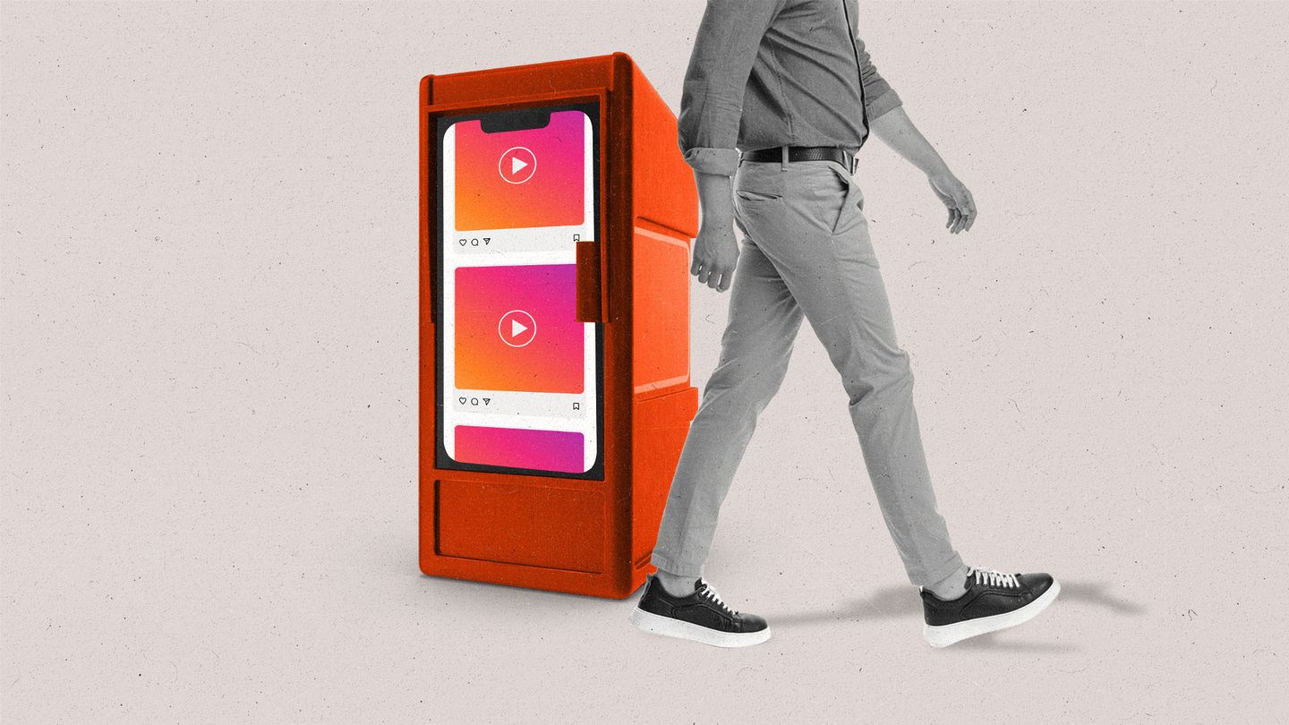 A newstand with the front made to look like a social media feed on a smartphone as a person walks past it.