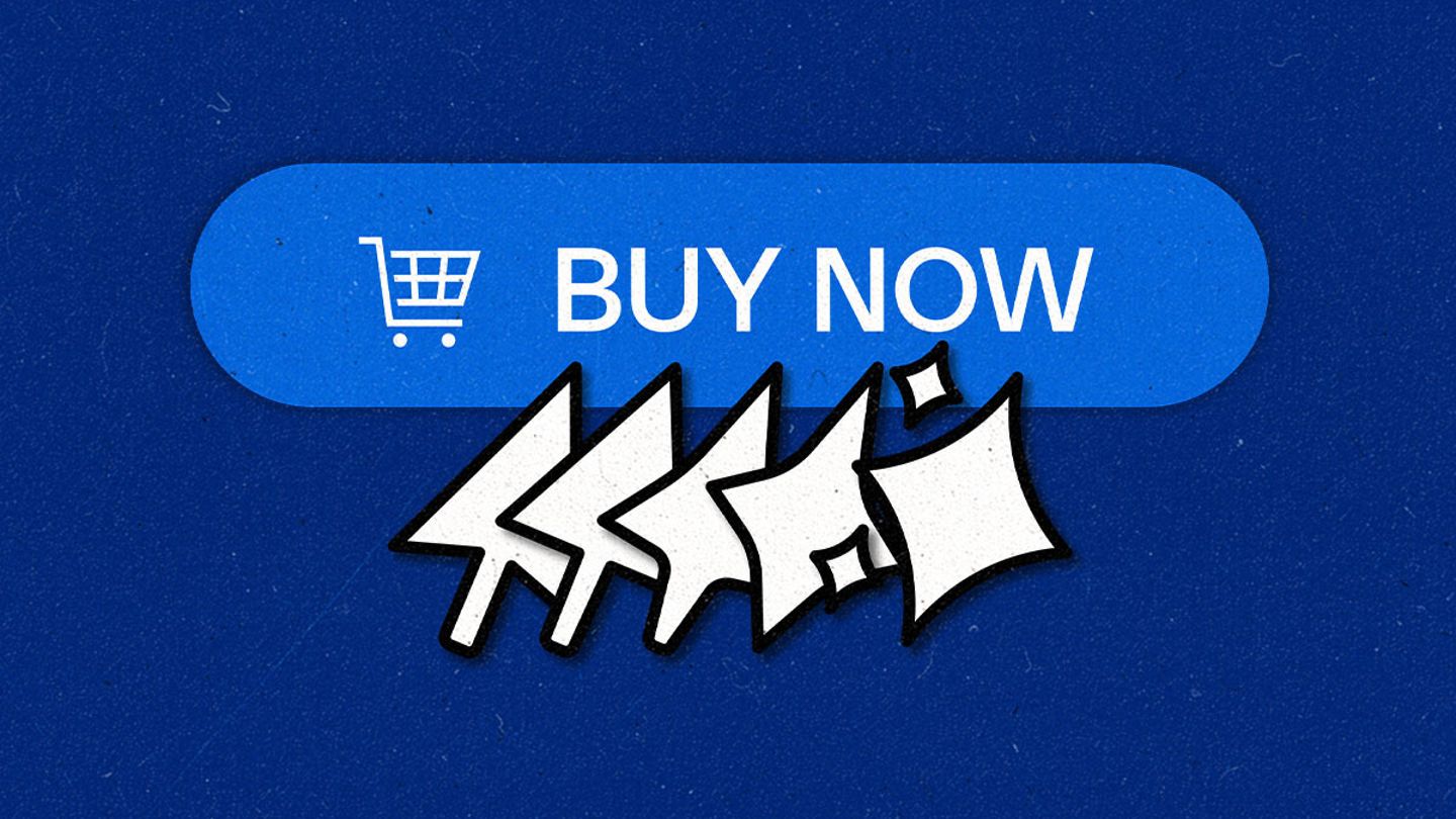A "Buy now" button with a shopping cart symbol with a cursor transforming to AI sparkles underneath it.