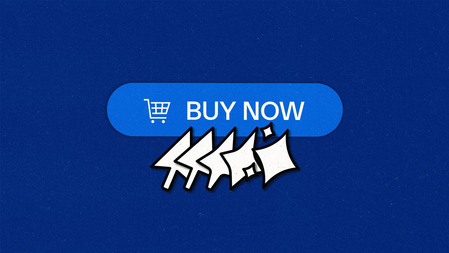 A "Buy now" button with a shopping cart symbol with a cursor transforming to AI sparkles underneath it.