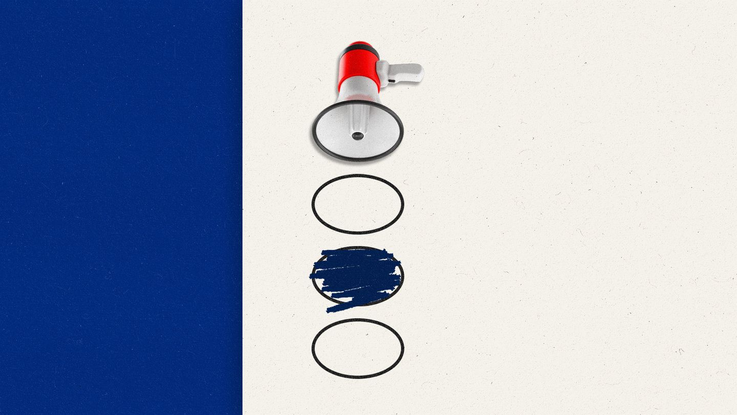 Megaphone pointing down towards bubbles on a ballot, with one filled in.
