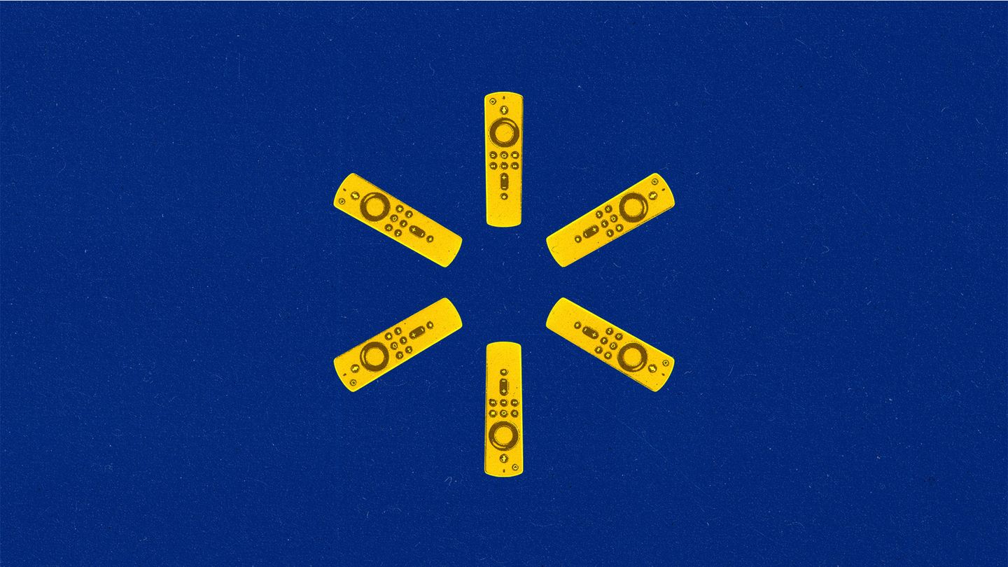 Yellow streaming remotes arranged in a circle/startburst on a blue background.