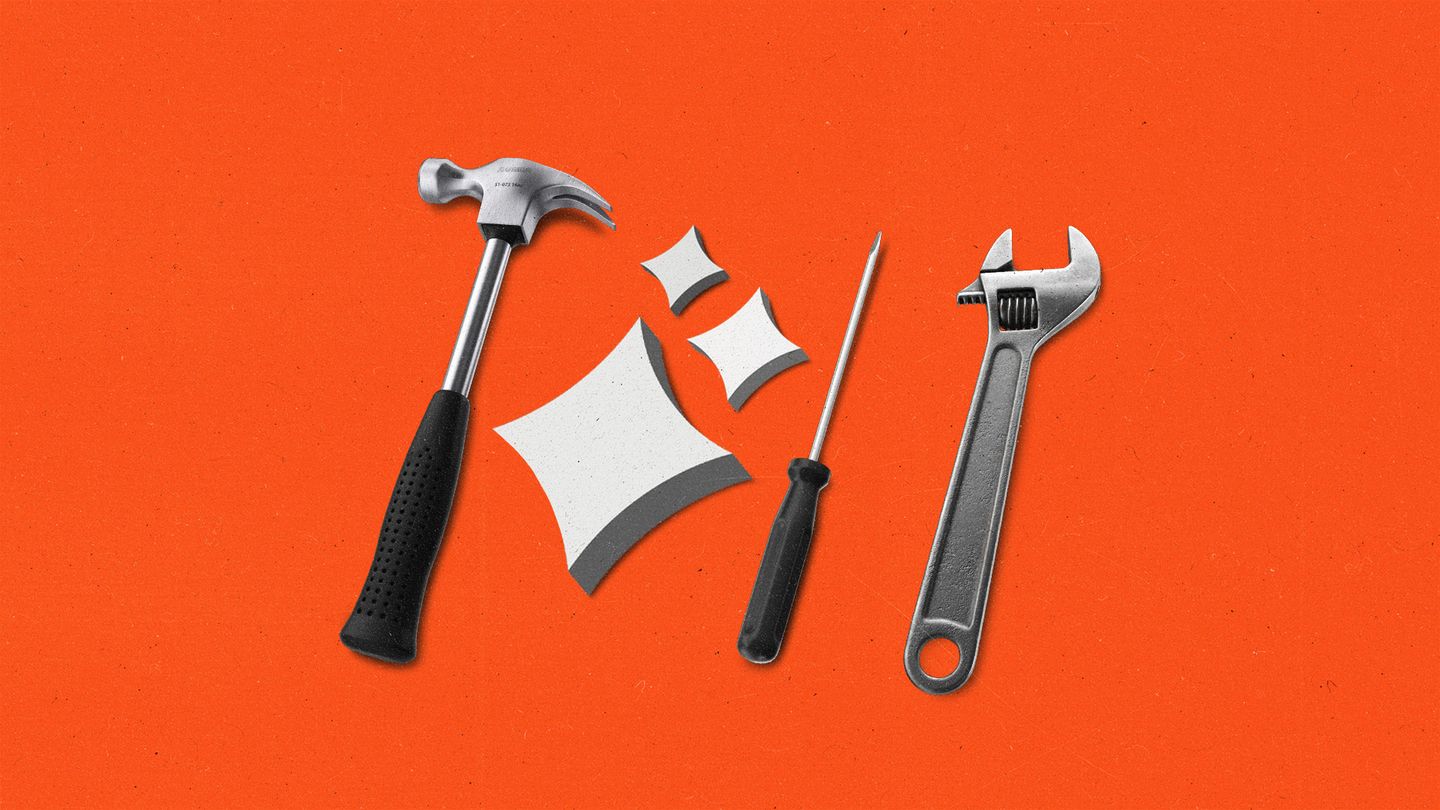 Tools, a hammer, screwdriver, wrench and AI sparkles, all lying in a row.