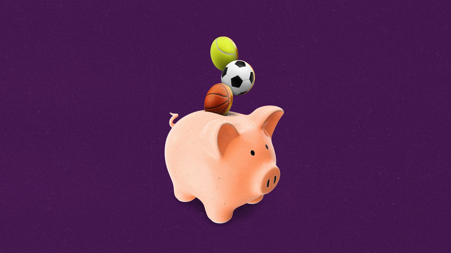 Basketball, soccer ball, and tennis ball on coins all falling into a piggy bank.