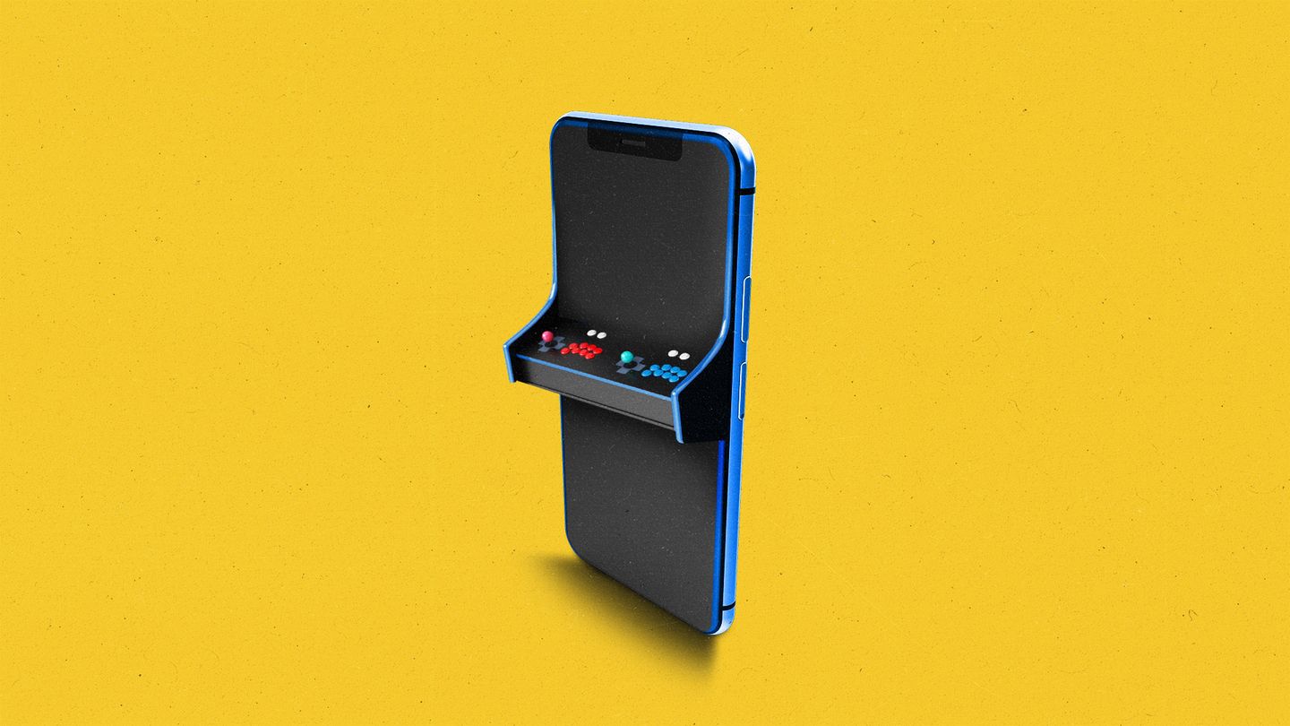 Smartphone with arcade game controls attached to the front of it.