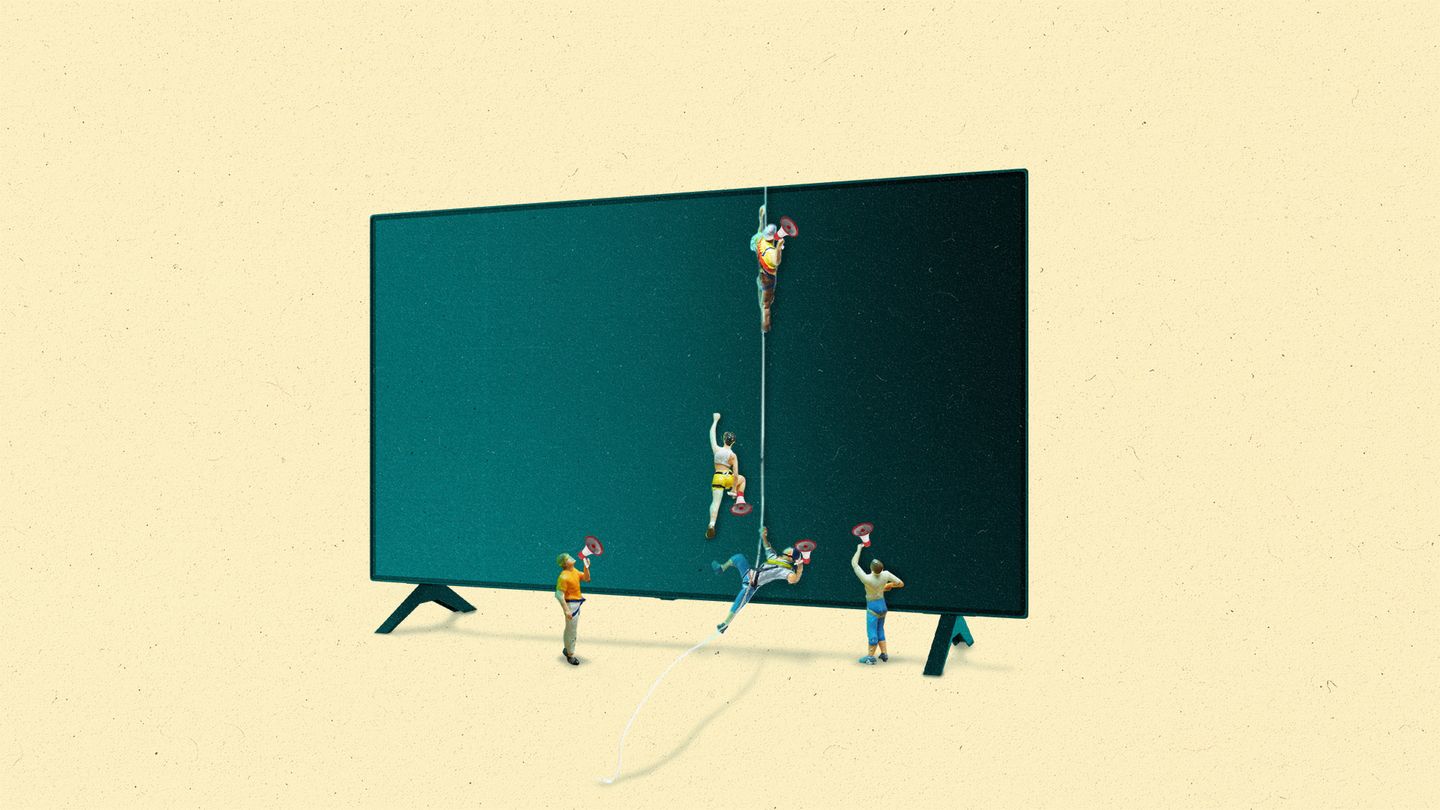 A group of climbers scaling a TV while holding megaphones