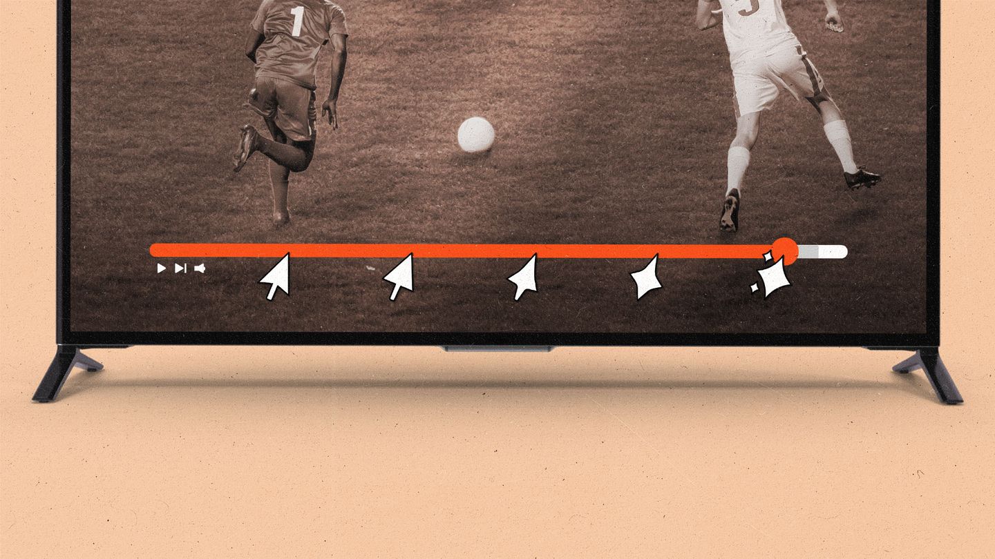 A TV displaying a soccer game with video progress bar with a cursor transforming into AI sparkles in steps.