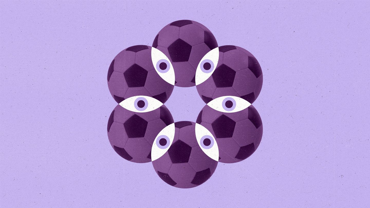 A radial patten composed of soccer balls with overlapping parts made to look like eyes.