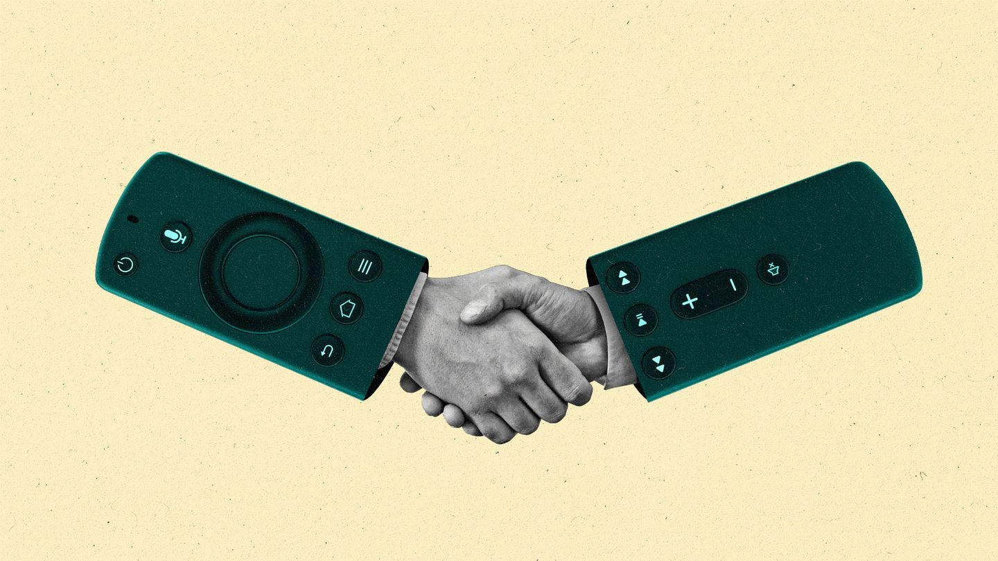 A CTV remote split made to look like the sleeves of two shaking hands.