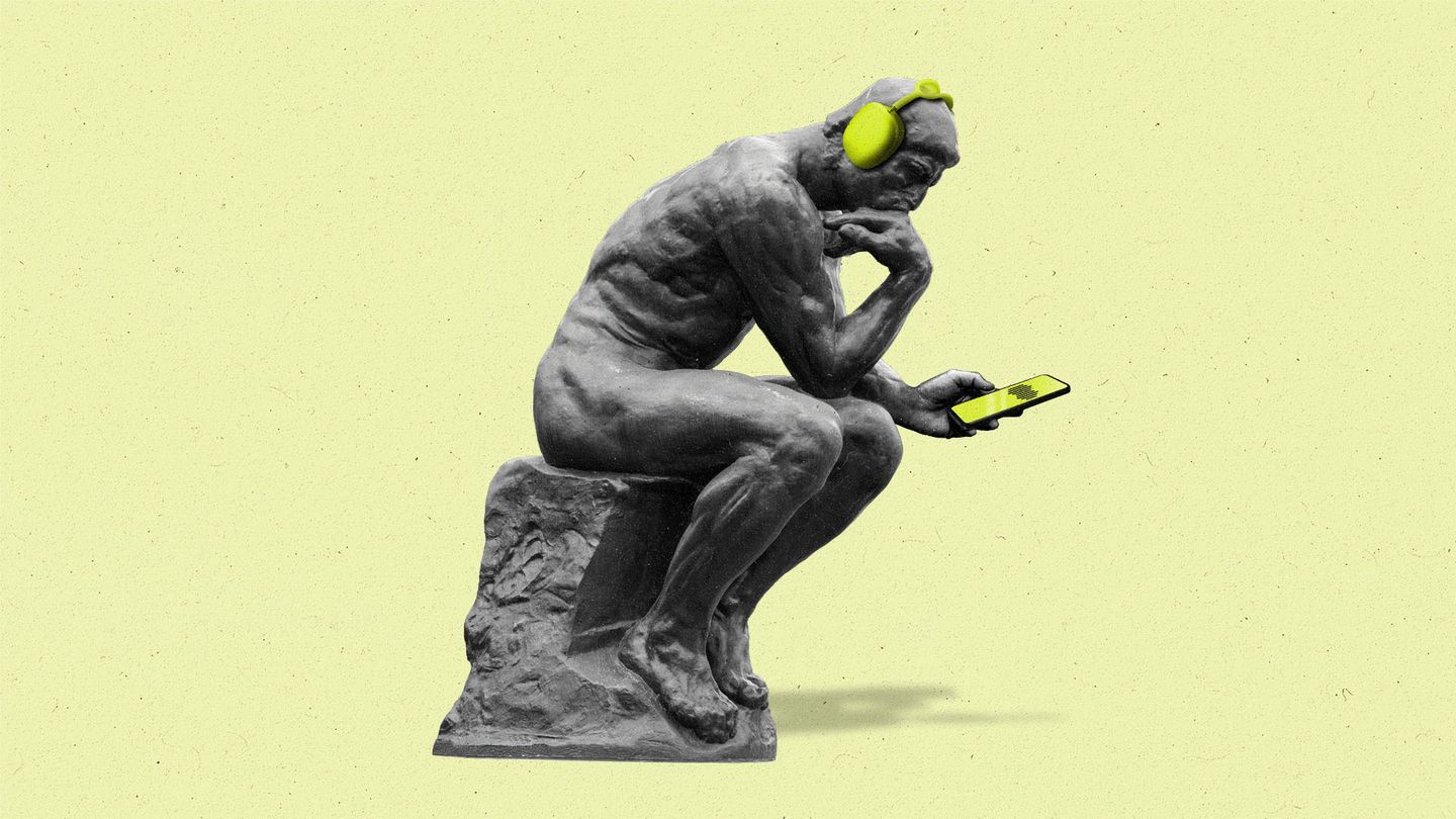 The thinker statue wearing headphones looking down at cellphone with a waveform on it.