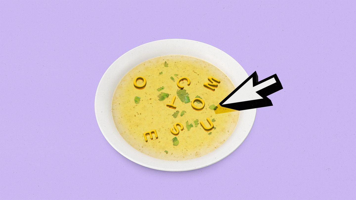 A bowl of alphabet soup with the letters o,u,t,c,o,m,e,s, and a cursor floating in the liquid.