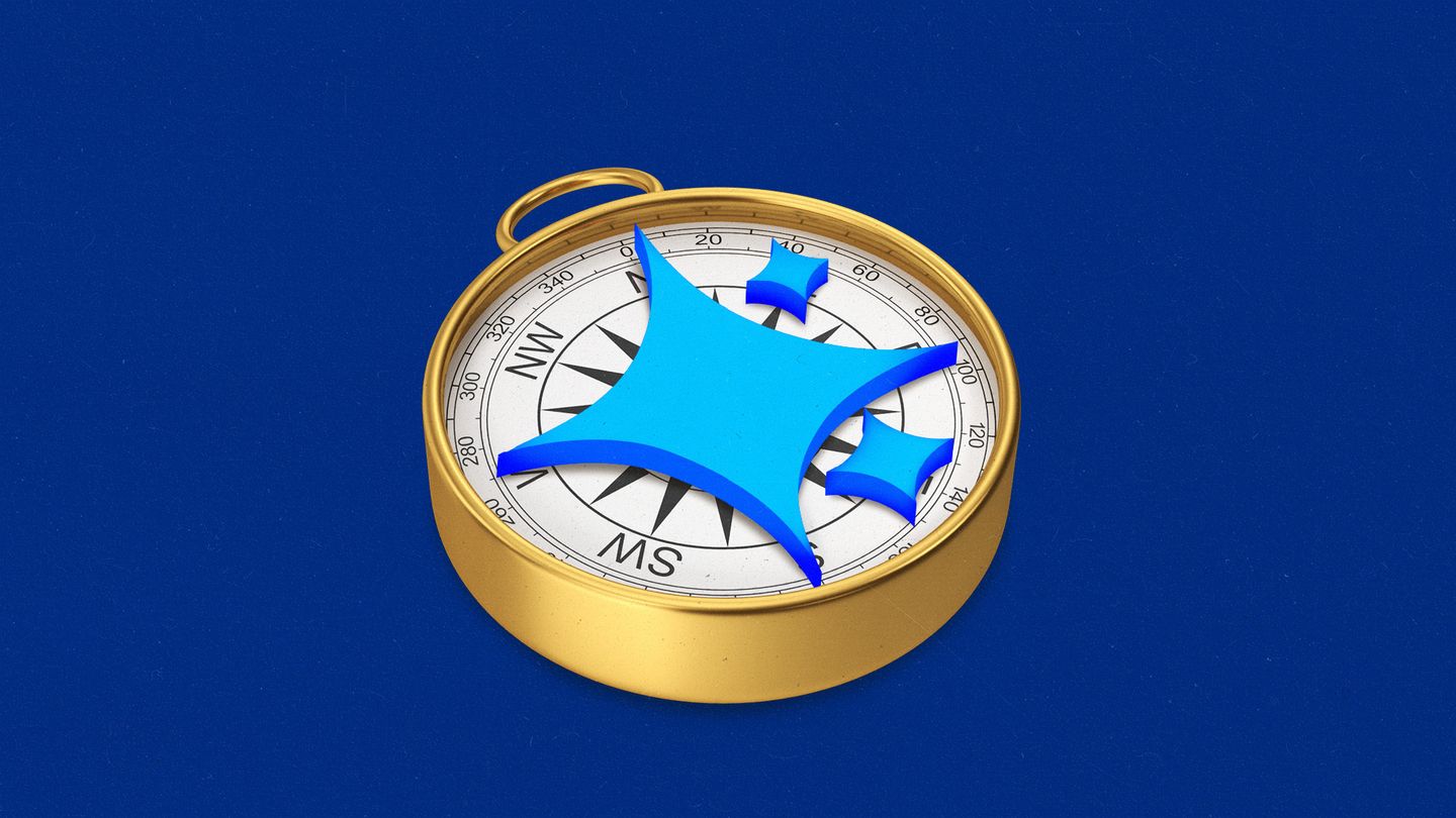 A compass with an AI sparkle in the center as a pointer.