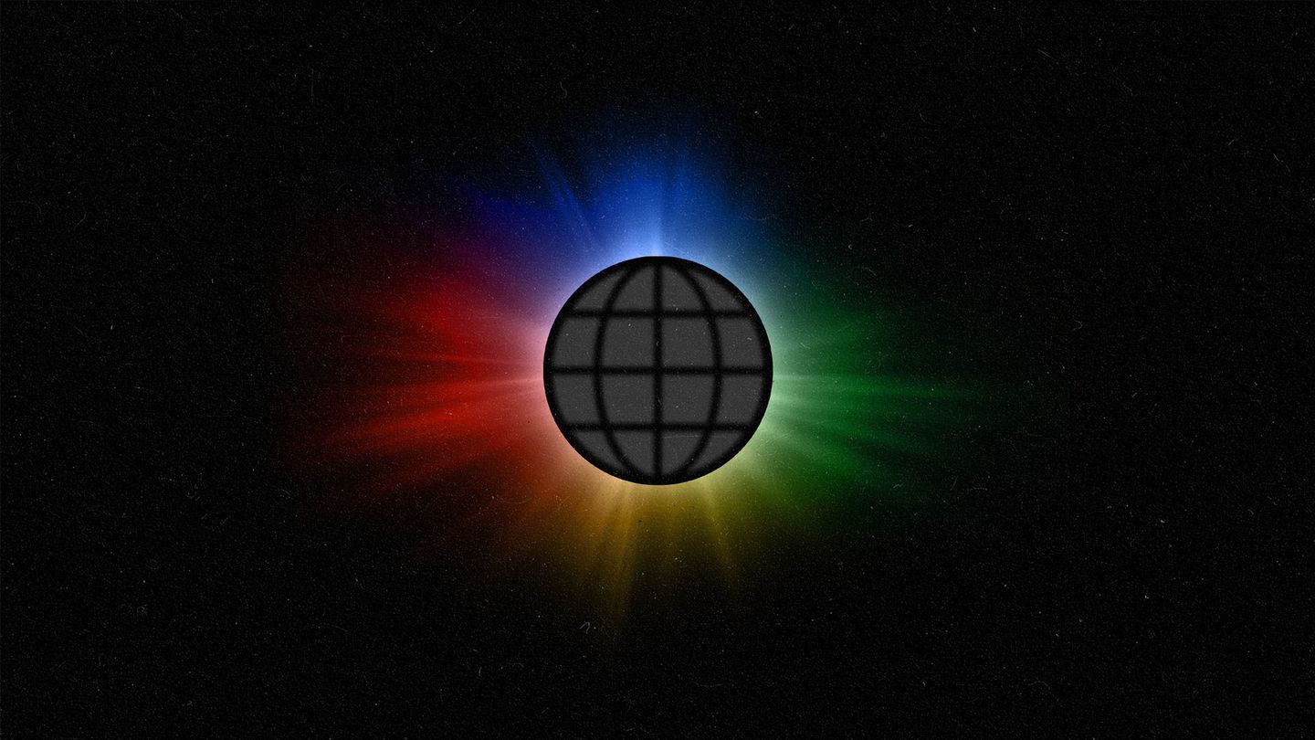 An internet icon in an ominous solar eclipse in blue, red, yellow, and green colors.