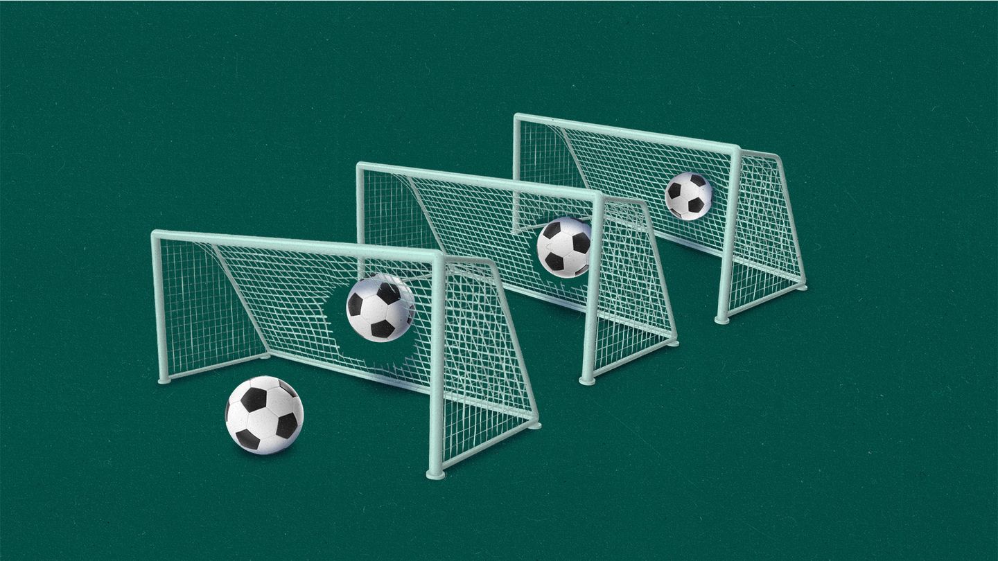 Soccer balls traveling and breaking through three lined-up goals
