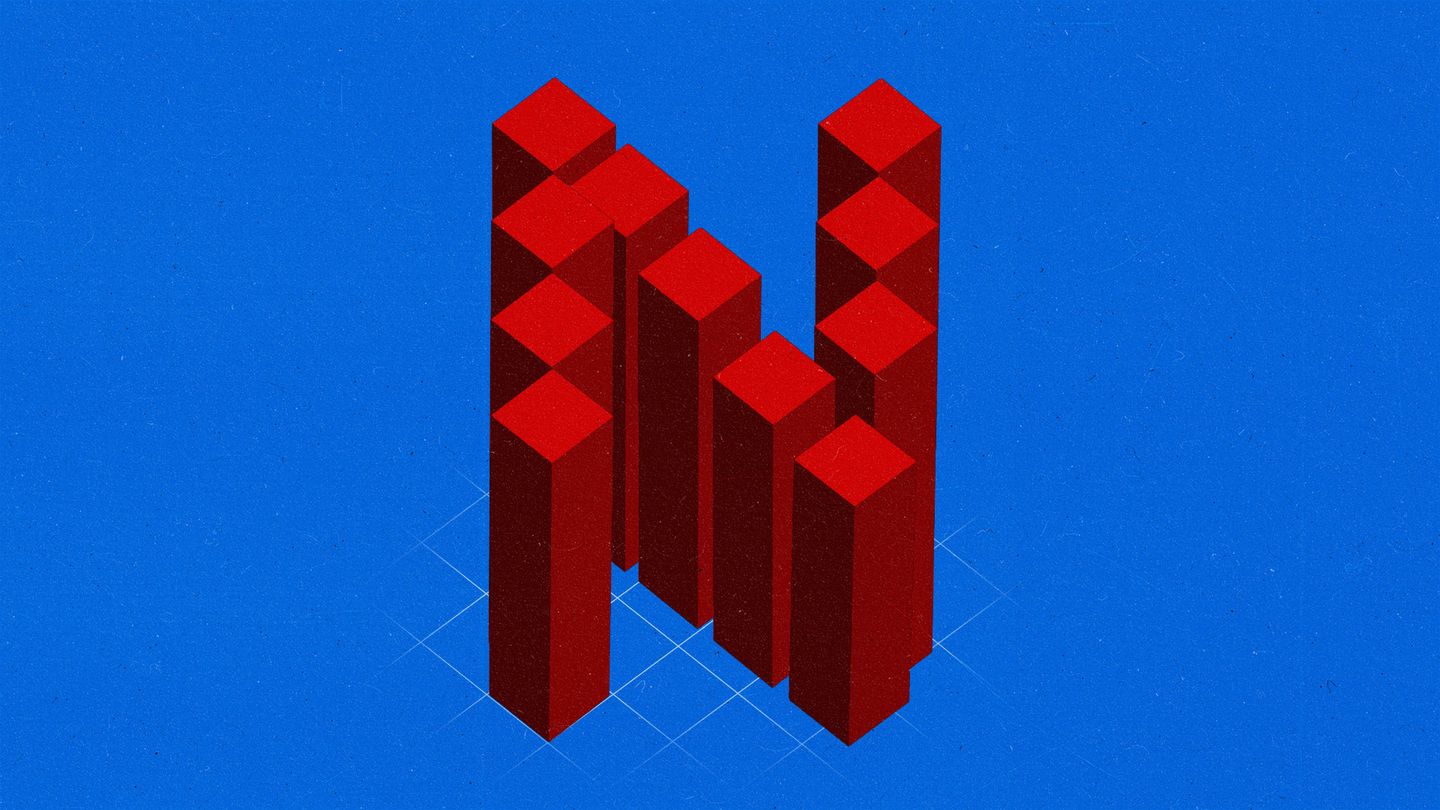Bars of a bar chart in isometric view, forming a capital 'N' shape.