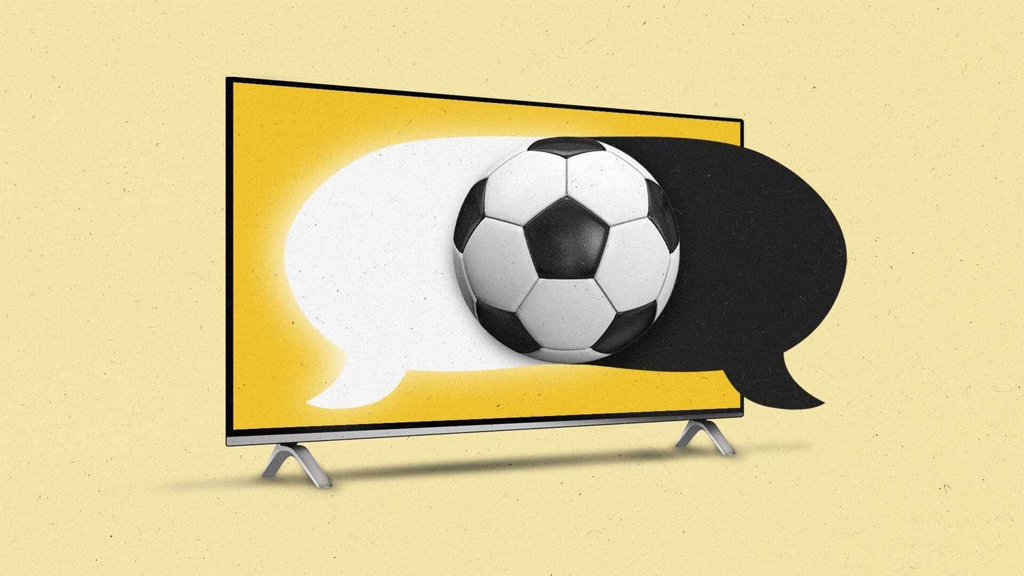 Yellow graphic of a soccer ball and word bubble over a television