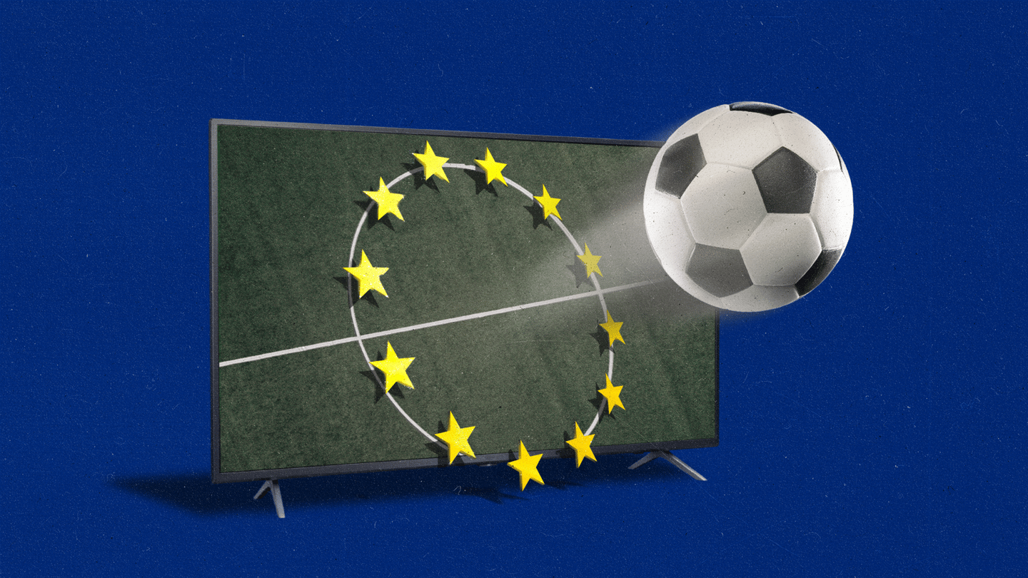 A soccer ball kicked out of a TV through the European Union stars