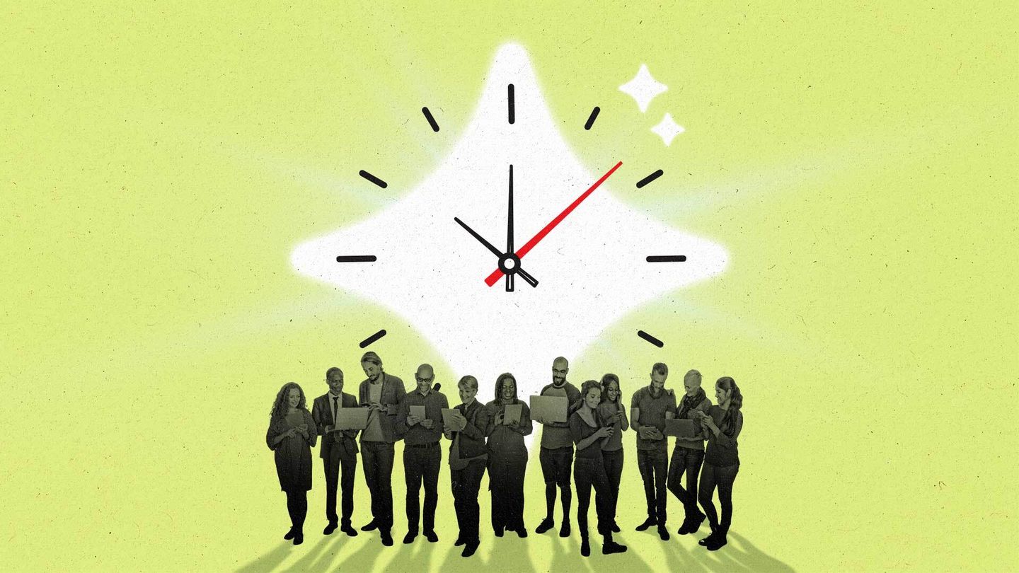 A diamond shape clock is in the background of a group of business people.