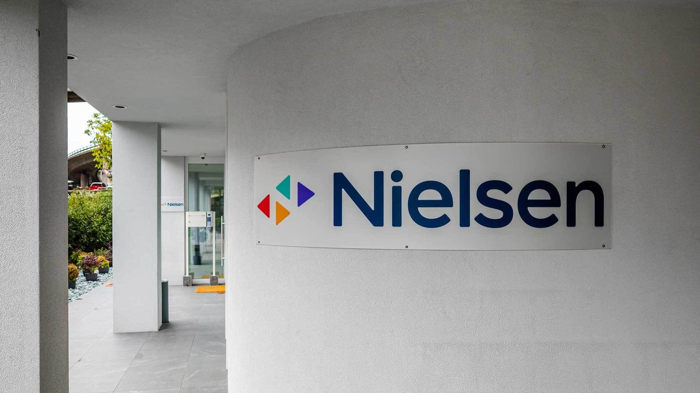 A Nielsen sign sits outside the company's headquarters.