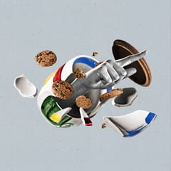 A fingers points forward as whole cookies spring through a shattered cookie jar.