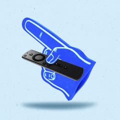 A foam finger holds a Connected TV remote.