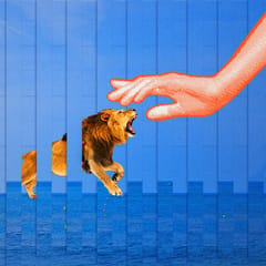 Bitmap hand reaching across woven collage ocean towards a roaring lion.