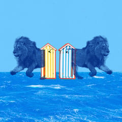 Two bitmap lions emerging from Cannes beach bungalows.