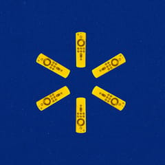 Yellow streaming remotes arranged in a circle/startburst on a blue background.