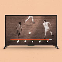 A TV displaying a soccer game with video progress bar with a cursor transforming into AI sparkles in steps.