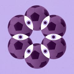 A radial patten composed of soccer balls with overlapping parts made to look like eyes.